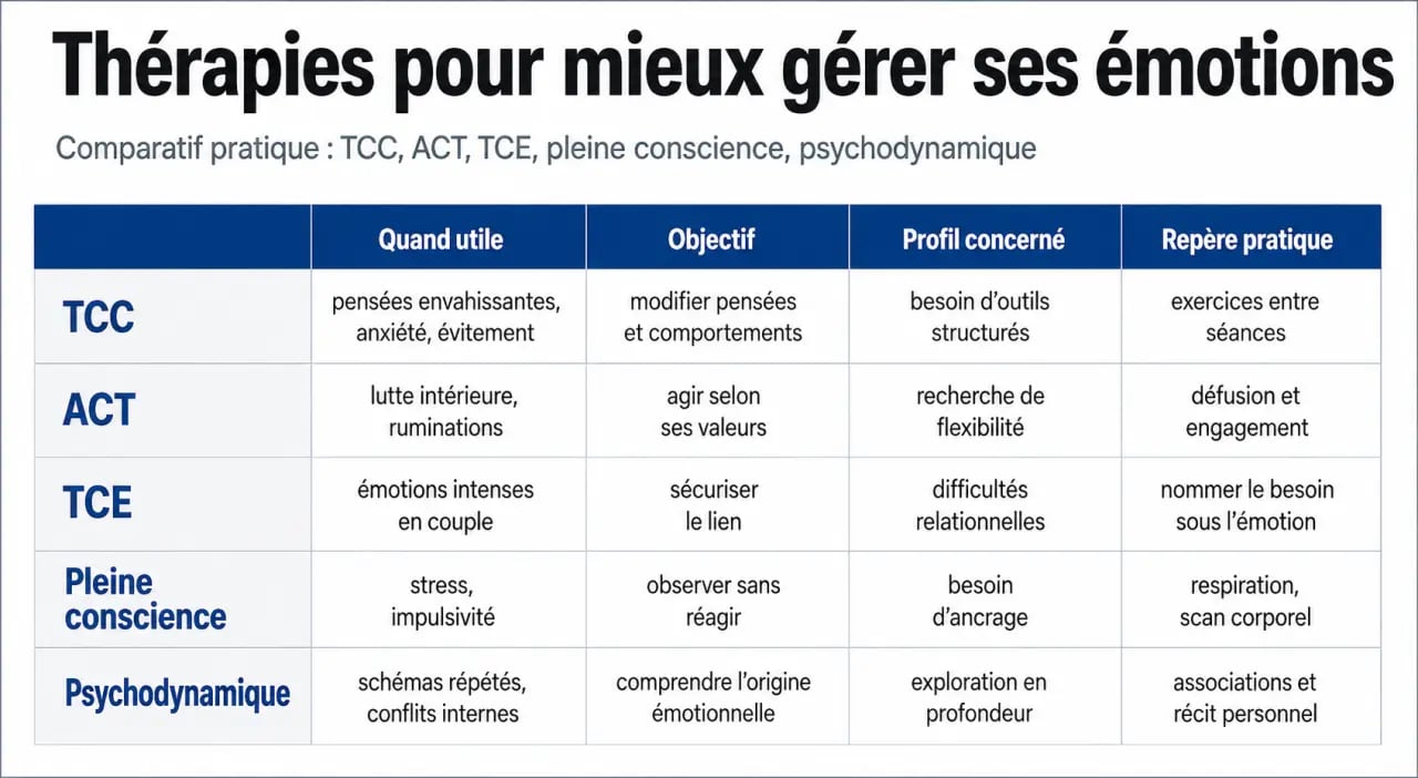 Quelle thérapie pour gérer ses émotions : comparatif visuel des approches TCC, ACT, TCE, pleine conscience et psychodynamique