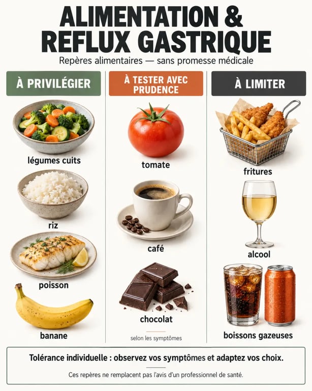 Infographie sur l’alimentation anti reflux gastrique avec aliments à privilégier et à limiter