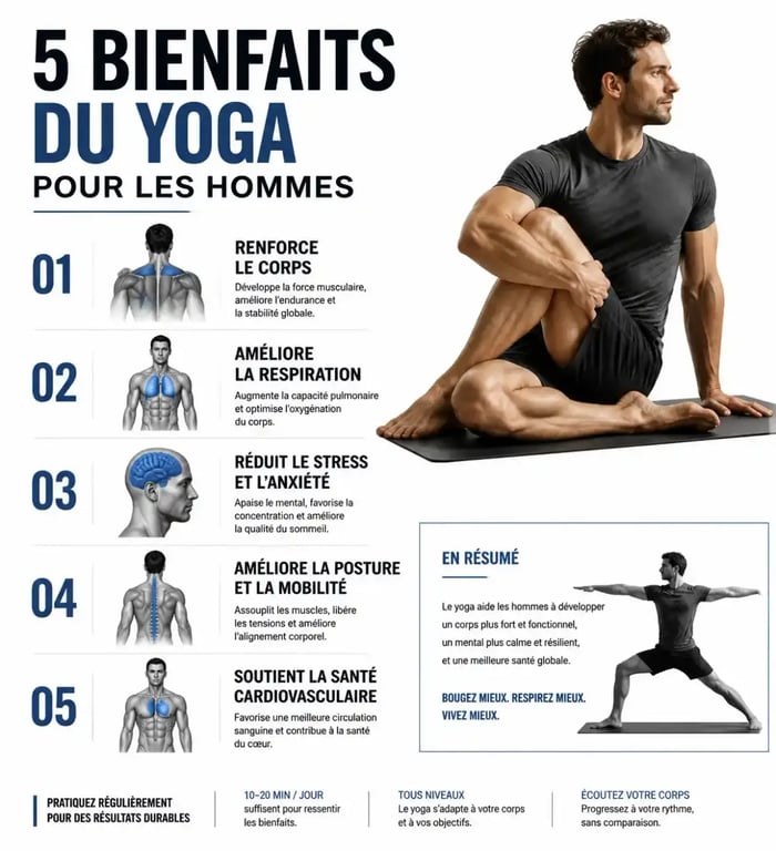 Infographie des bienfaits du yoga pour homme : mobilité, renforcement, gestion du stress, posture et concentration