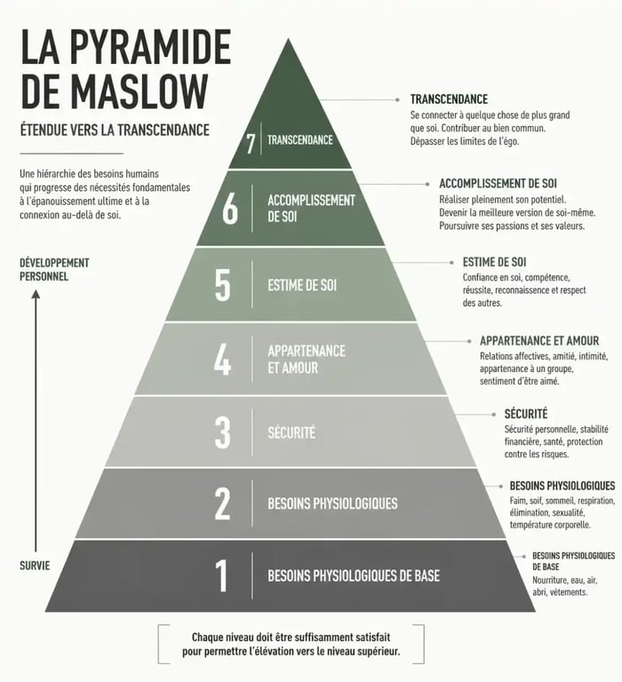 Infographie de la pyramide de Maslow incluant la transcendance en psychologie transpersonnelle