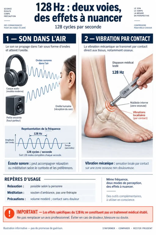 Infographie sur les 128 hz bienfaits, la différence entre écoute musicale et vibration d’un diapason
