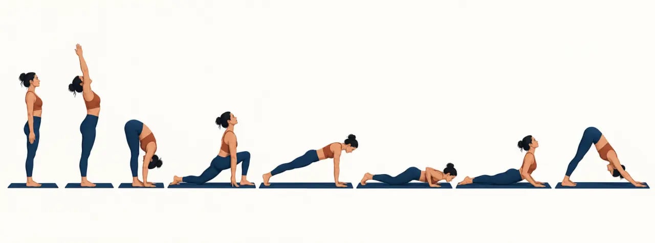 Séquence illustrée de la salutation au soleil hatha yoga avec les principales postures