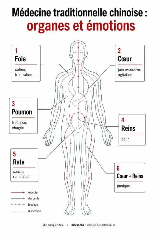Médecine chinoise organes et émotions : schéma des correspondances entre Qi, organes et émotions