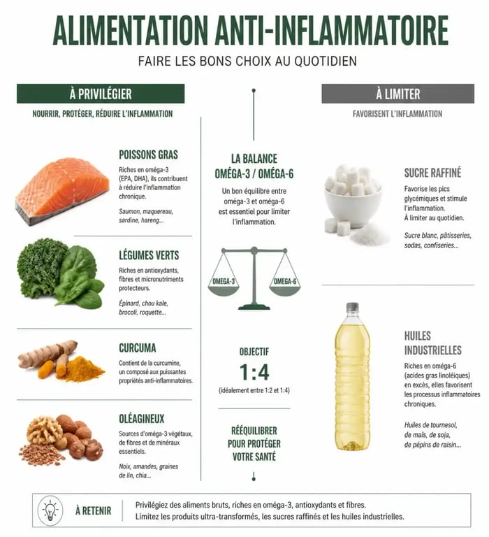 Infographie menu anti inflammatoire montrant les aliments à privilégier et à limiter