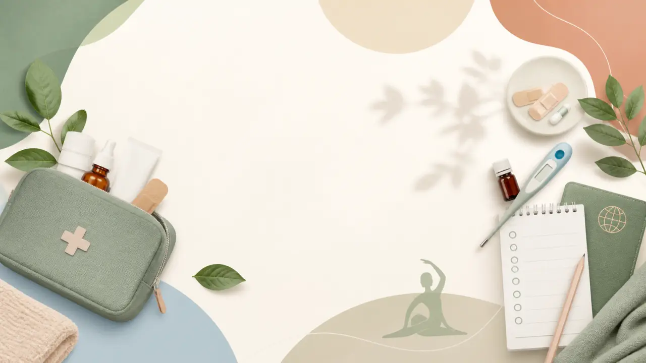 Image minimaliste évoquant une trousse de voyage santé, dans un style sobre et moderne