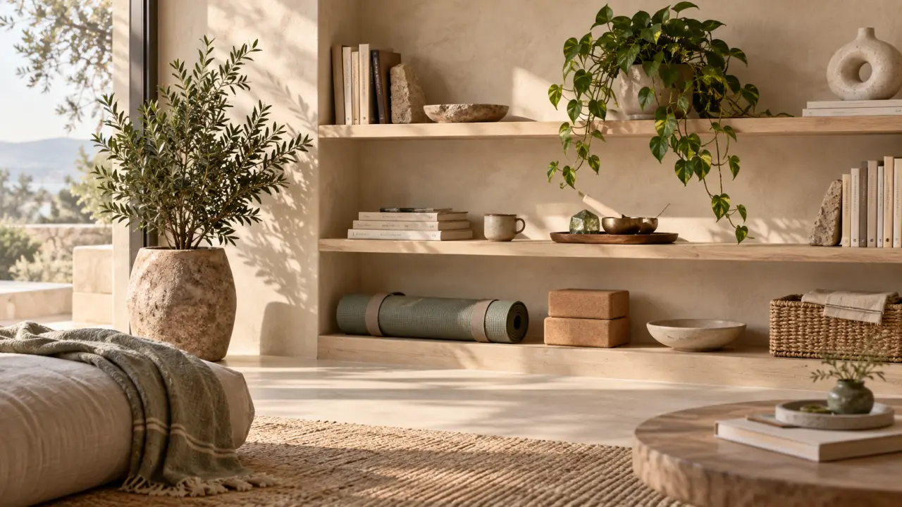 Intérieur minimaliste baigné de lumière naturelle, aux lignes sobres et apaisantes