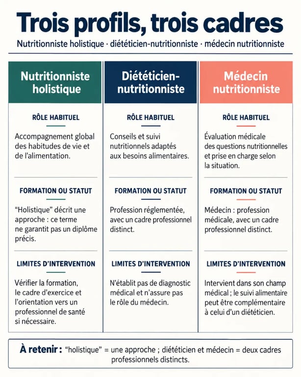 Nutritionniste holistique, diététicien-nutritionniste et médecin nutritionniste : comparaison des rôles et des statuts
