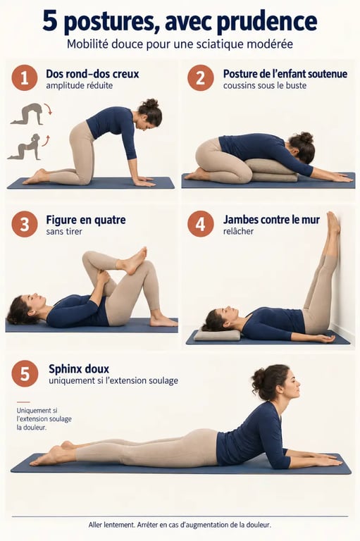 Postures de yoga pour une sciatique : cinq exercices doux avec coussin et mur