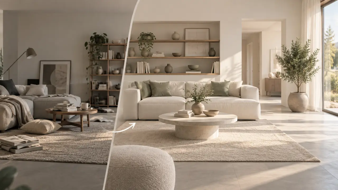Salon minimaliste baigné de lumière naturelle, organisé autour d'un espace libre