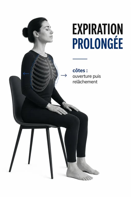 Comment detendre diaphragme : personne assise en posture ouverte faisant une expiration longue pour relâcher le diaphragme