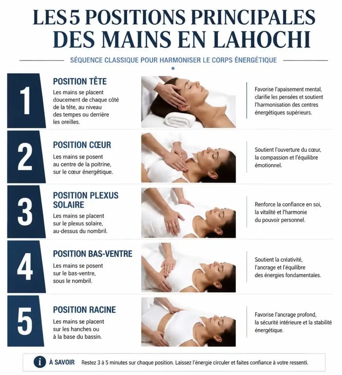 Schéma des cinq positions des mains pour une séance de soin énergétique Lahochi