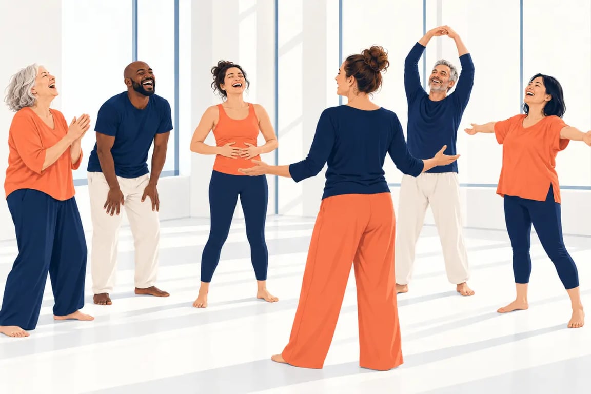 Atelier de yoga du rire à Orléans avec exercices de respiration et de rire en groupe
