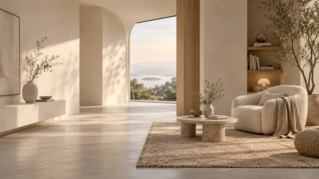 Intérieur minimaliste et chaleureux baigné de lumière naturelle