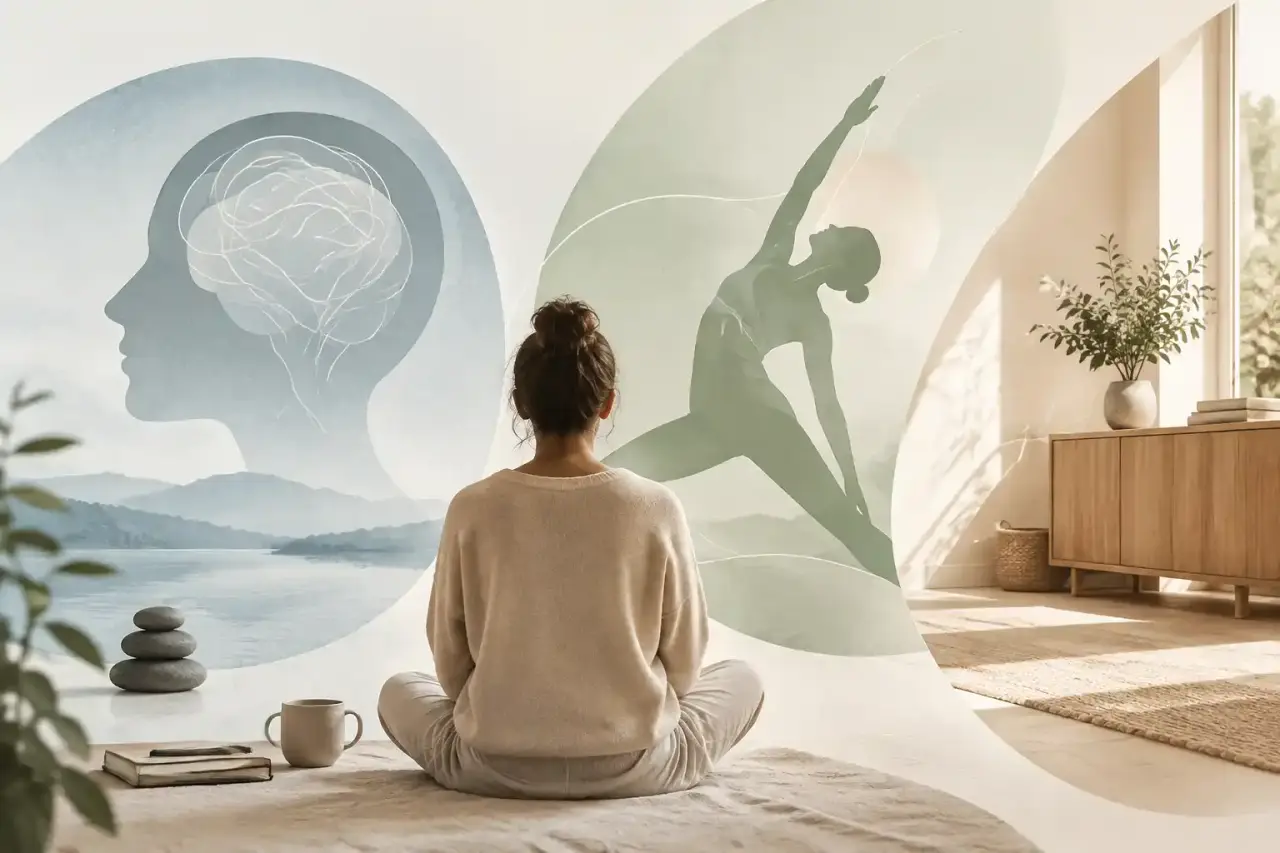 Silhouette en posture de yoga dans un espace minimaliste et lumineux