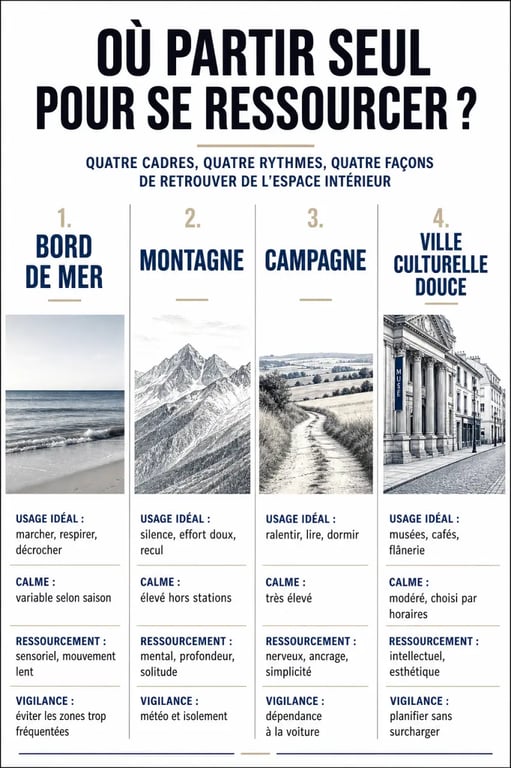 Séjour pour se ressourcer seul : comparaison visuelle entre bord de mer, montagne, campagne et ville douce