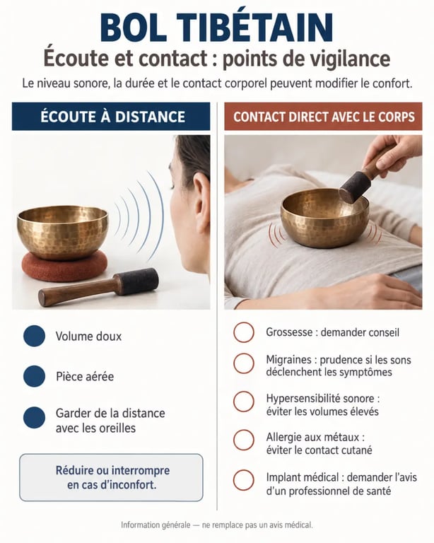 Infographie sur les effets secondaires d’un bol tibétain et les précautions selon le profil de santé