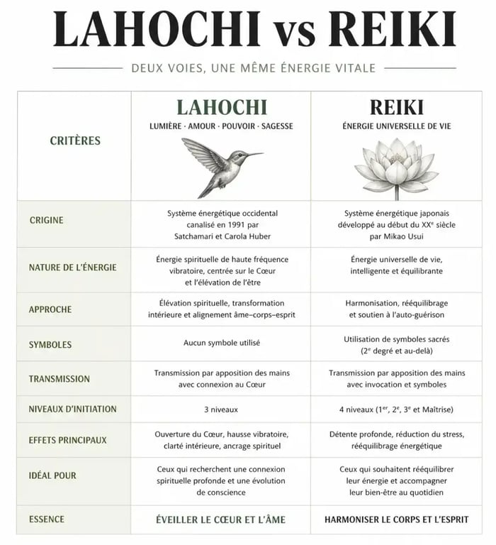 Tableau comparatif des différences entre le Lahochi et le Reiki