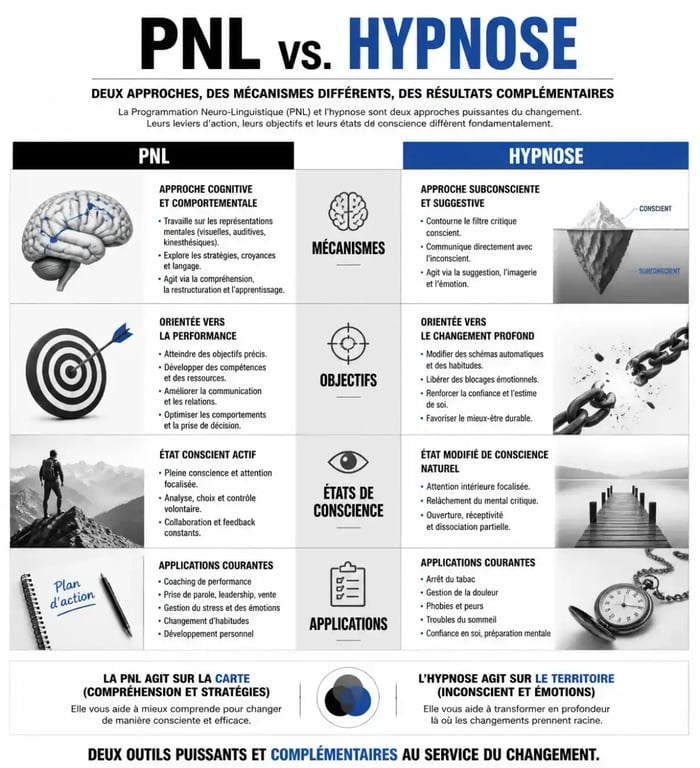 Tableau comparatif PNL et hypnose pour comprendre leurs différences