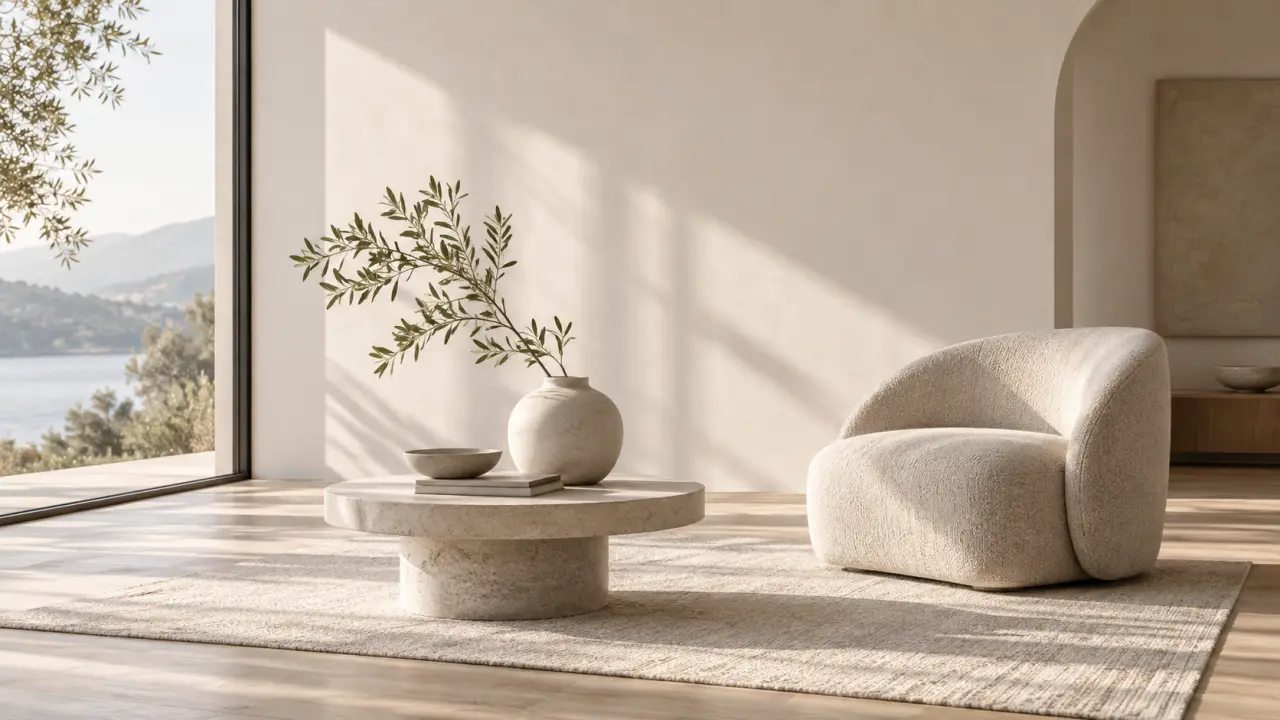 Intérieur minimaliste et lumineux, organisé autour d'usages simples et fonctionnels