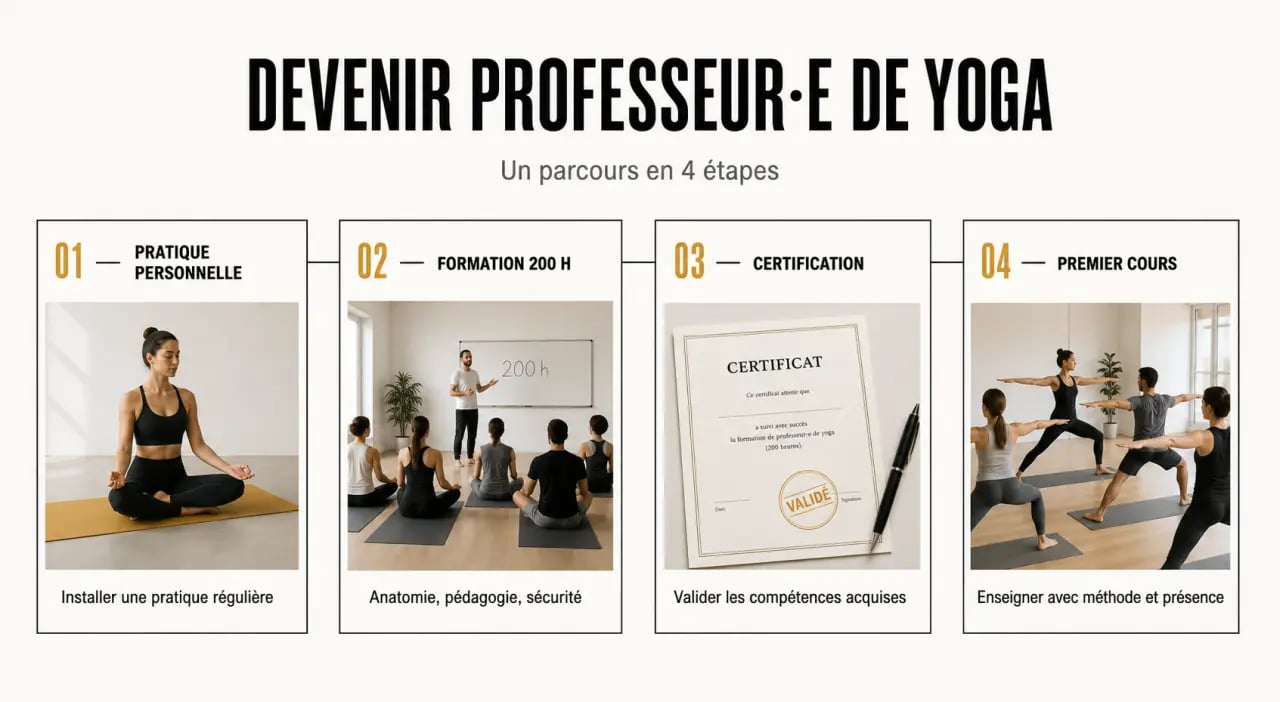 Enseigner le yoga : parcours en 4 étapes de la pratique personnelle à la certification et aux premiers cours