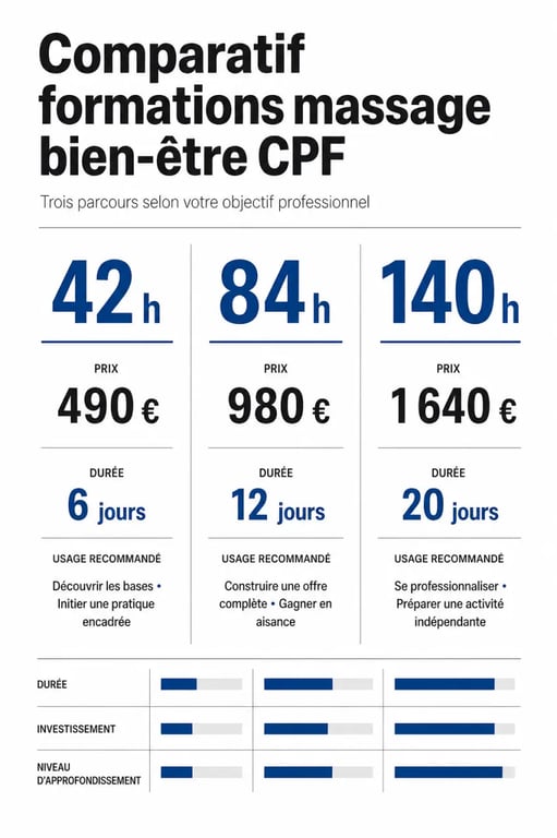 Formation massage bien-être CPF : comparaison des parcours 42h, 84h et 140h, avec prix et usage recommandé