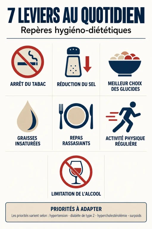 Infographie éditoriale sur les règles hygiéno-diététiques et leurs sept leviers au quotidien