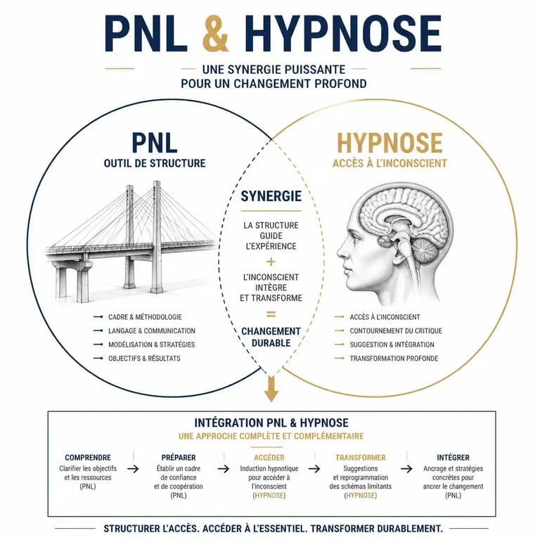 Schéma illustrant la synergie entre PNL et hypnose