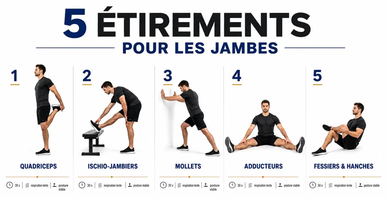 Étirement pour les jambes : routine visuelle des quadriceps, ischio-jambiers, mollets, adducteurs et fessiers