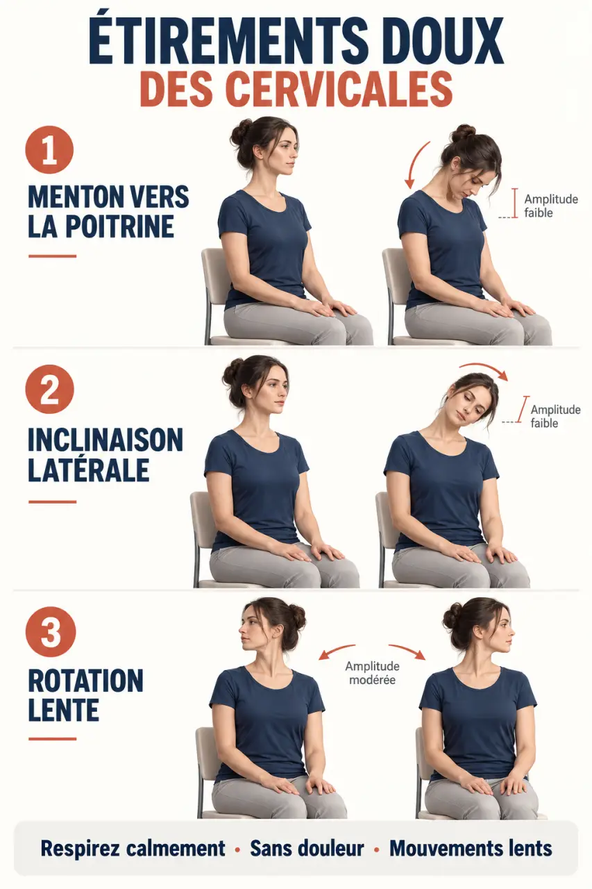Illustration de trois exercices simples pour étirer les cervicales et détendre la nuque