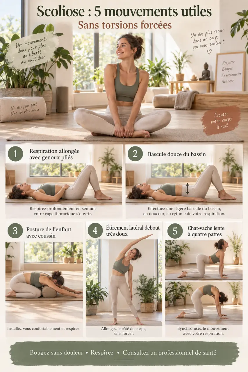Exercice scoliose : 5 mouvements utiles sans torsions forcées