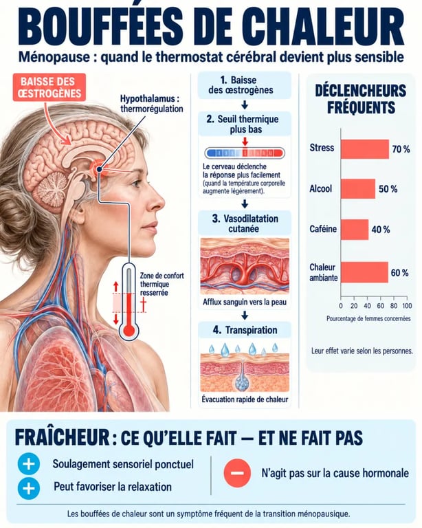 Infographie sur les bouffées de chaleur et huiles essentielles, thermorégulation et facteurs déclencheurs à la ménopause