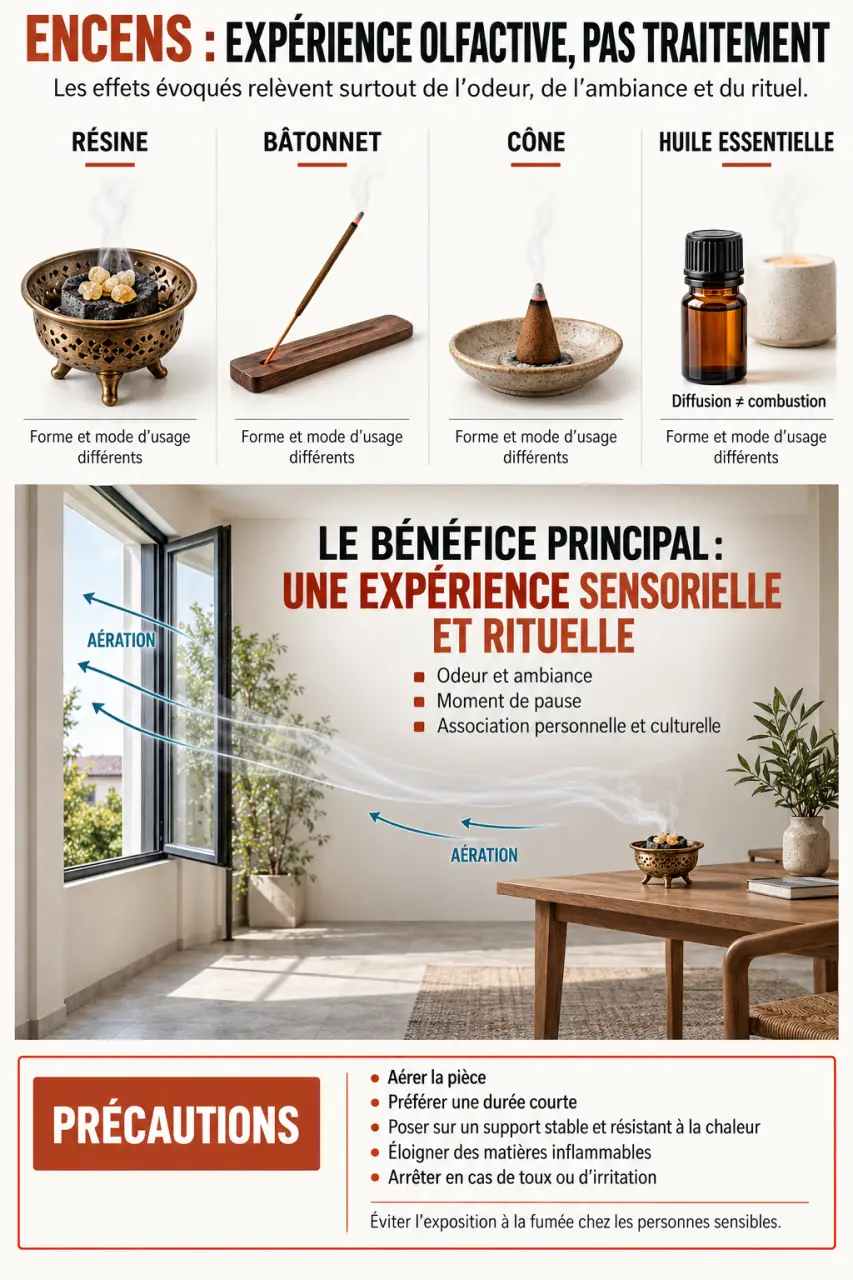Infographie sur les bienfaits de l'encens, ses formes et les précautions d'utilisation